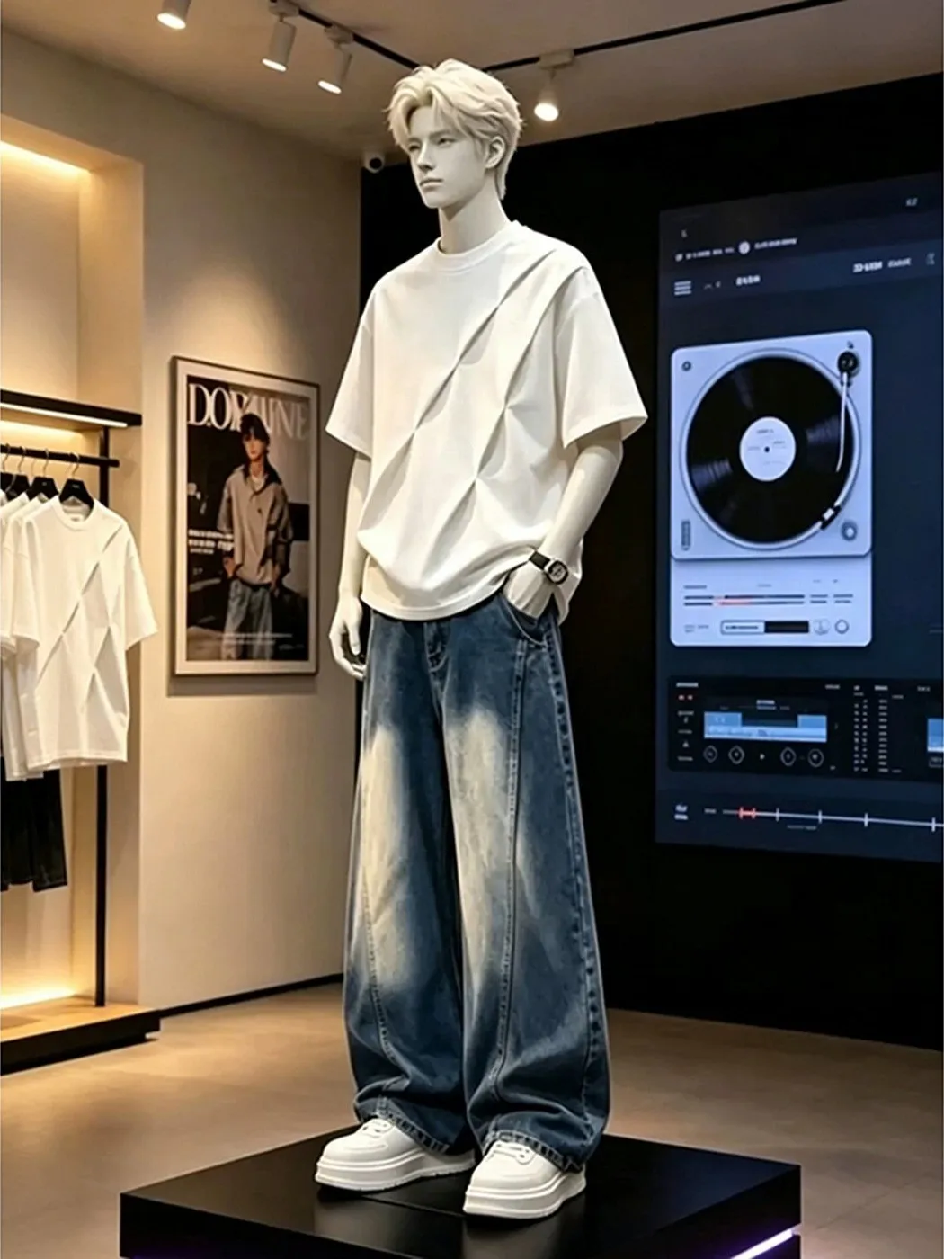 

White American Folded Deconstructed Short Sleeve Men's Summer Vintage Washed Denim Pants High-End Feeling Cool Handsome Two-P...