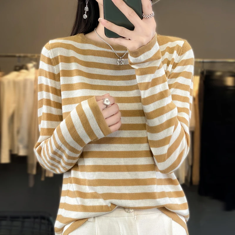Women's Pullover Spring/Autumn Fine Faux Wool Sweater Casual Striped Knitwear Loose Ladies Tops Round Neck Basic Blouse