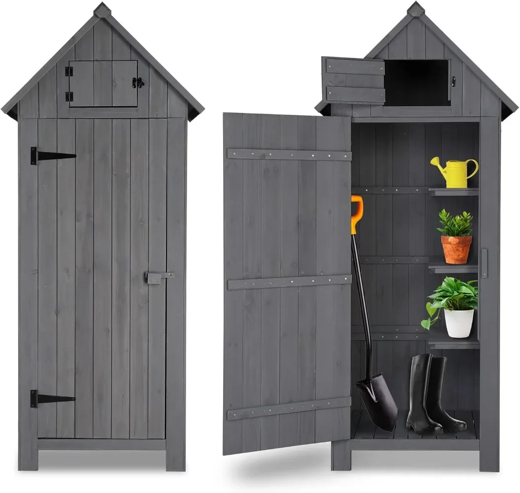 Outdoor Storage Shed, 70 Inch Wooden Garden Storage Cabinet, Waterproof Tool Storage Cabinet with Lockable Door(Grey)