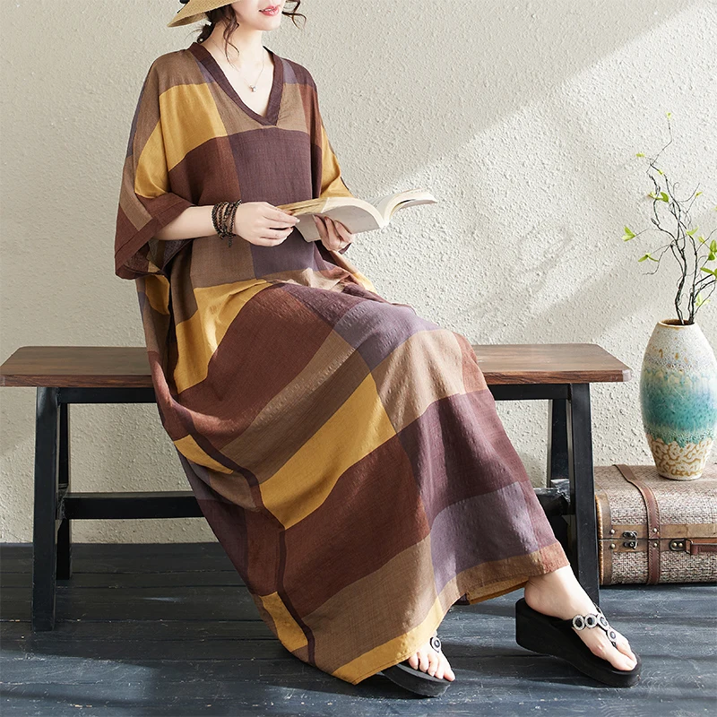 Letnia kwiecista sukienka w stylu vintage, długa, z dekoltem w serek, retro, z bawełny i lnu, jednoczęściowa spódnica, duży rozmiar, długa, do pracy, z nadrukiem...