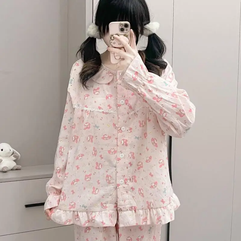 أطقم بيجامات نوم نسائية من Sanrio My Melody سراويل كاواي كارتونية للطلاب للربيع والخريف بأكمام طويلة ملابس منزلية #3