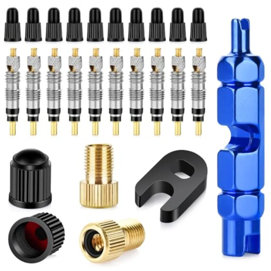 

26-Piece Presta Valve Core Repair Kit for Tubeless Tires: Black Anodized Aluminum Cores, Caps Removal Tool with Adapter