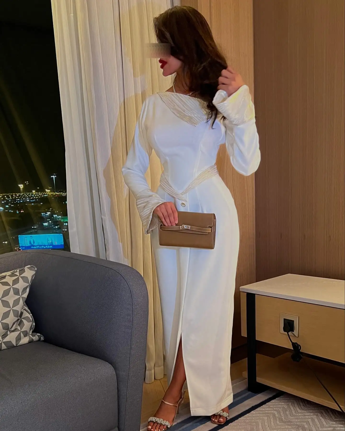 Customized Modern Off the Shoulder Long Sleeves Buttons Evening Dress Temperament Front Slit Pleats Photo Color Vestido De Festa