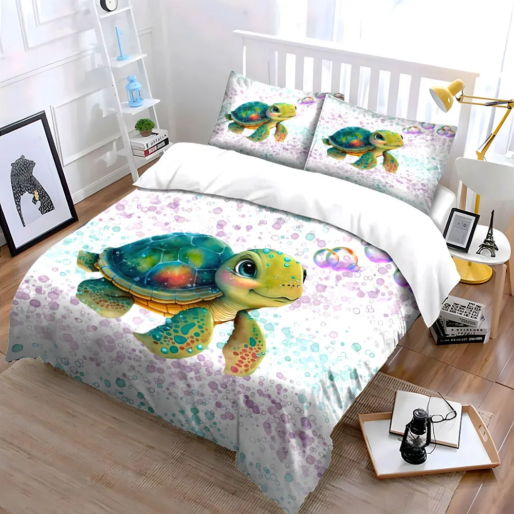 Colorful turtle with floating bubbles Bedding Set for Kids Luxury Gift 3pcs Digital Print Comforter Set Soft Comfortable
