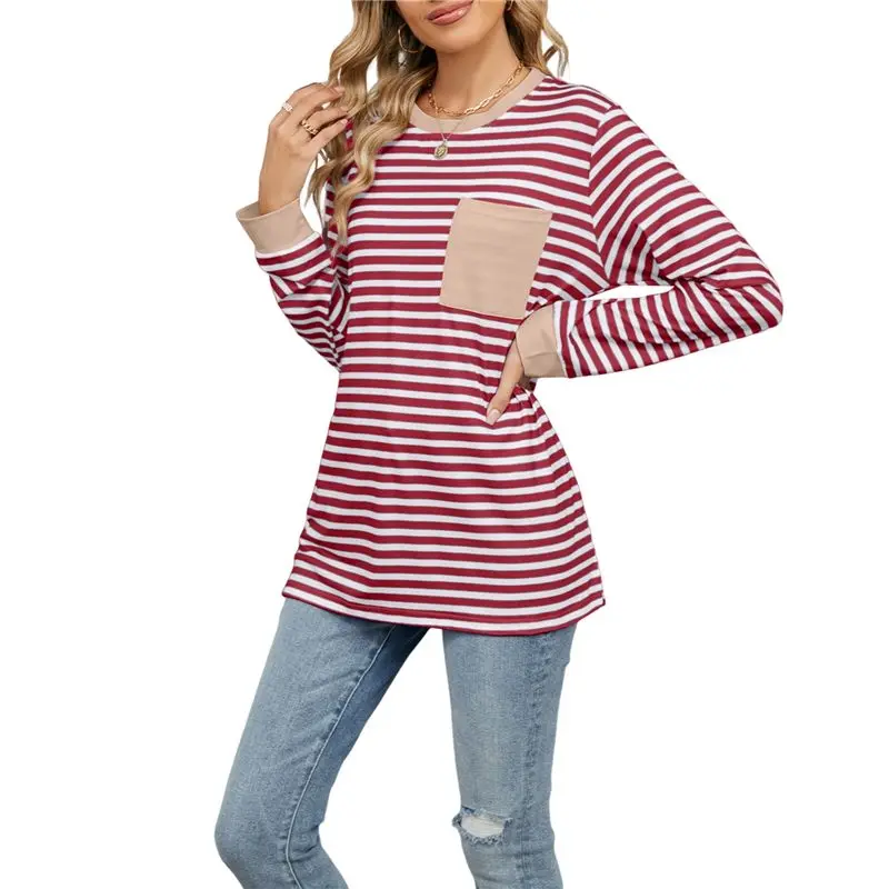 CYL-Camicie a maniche lunghe da donna girocollo a righe vestibilità ampia T-shirt color block autunnale 2025 con tasca