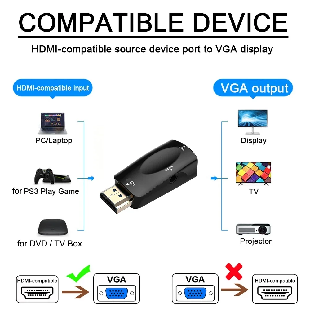 

Male To Female HDMI-compatible To VGA Adapter 1080P Audio Cable Video Converter for PS3 PS4 PC Laptop TV Box Computer Projector