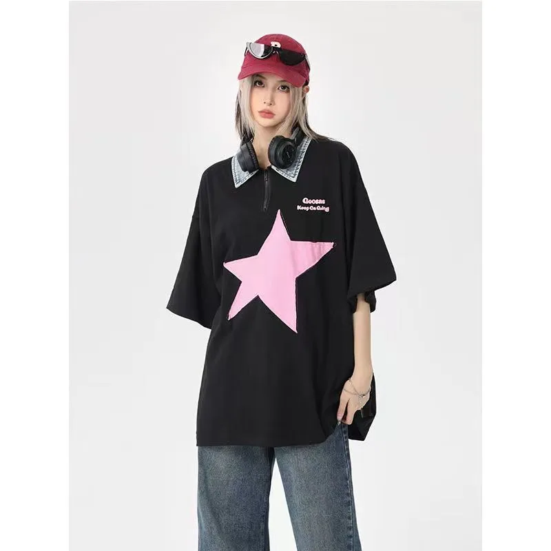 DAYIFUN-Women's Star Patch T-Shirts,Summer Thin Denim Casual,Turn Down Collar,Shirts,Loose,Long Short-sleeved Couple Tops