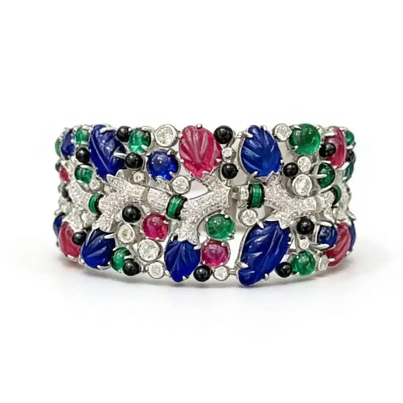 

BELLUX Fruit Carving Gemstone Bracelet Leaves Red Green Blue Mixed Color 925 Pure Silver Zircon Gold Plated Fine Jewelry