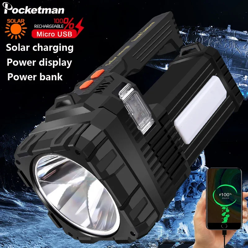 

Powerful Portable Solar LED Flashlight USB Rechargeable Searchlight Waterproof Spotlight 6Modes Camping Torch Outdoor Power Bank
