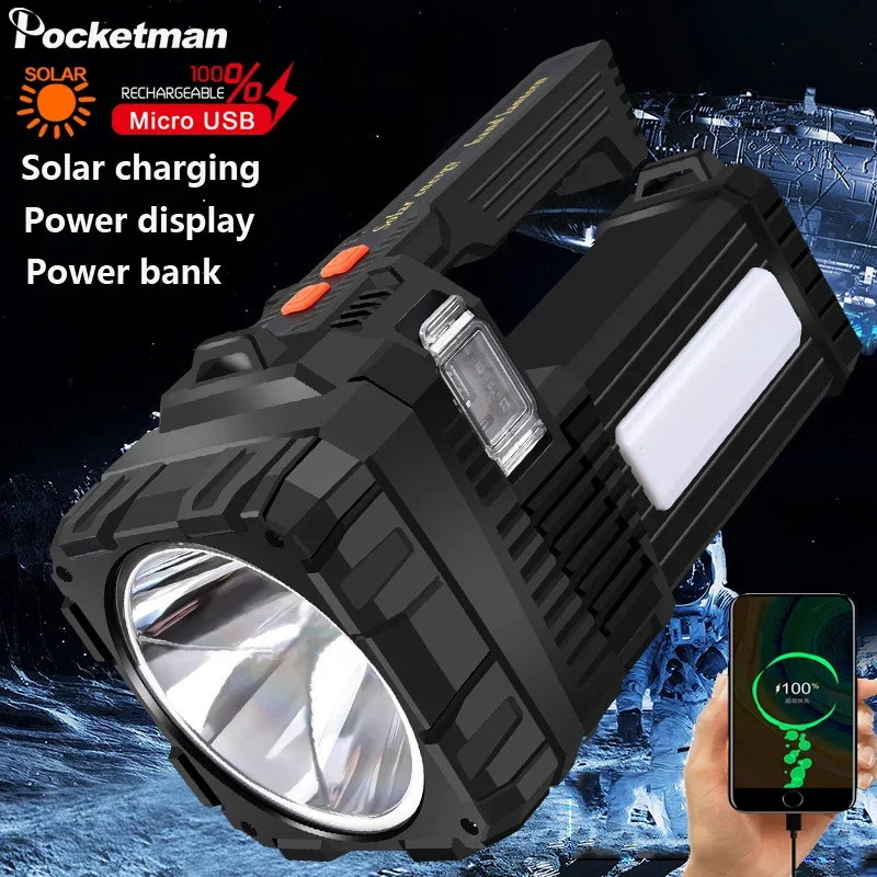 Powerful Portable Solar LED Flashlight USB Rechargeable Searchlight Waterproof Spotlight 6Modes Camping Torch Outdoor Power Bank