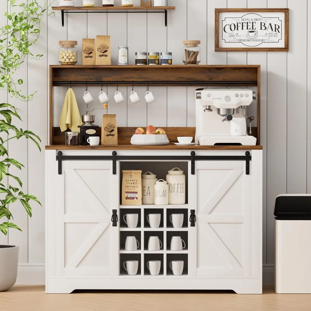 47" Farmhouse Sideboard Buffet Cabinet with Sliding Barn Door, Wine Rack & 6 Hooks, Wine Bar Cabinet for Home Dining