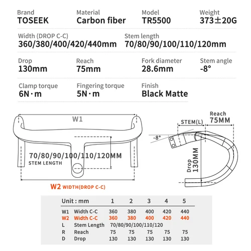 Imagen 2 del producto Manillar de carbono TOSEEK, manillar de carbono para carretera, barra de caída T800, manillar integrado de carbono Di2, accesorios para bicicleta, barra de caída de carbono