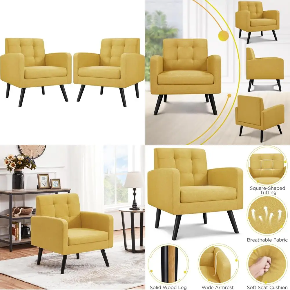 Mid-Century Style Accent Chair, Contemporary Upholstered Living Room Furniture, Comfortable Button-Tufted Armchair with Wood Leg