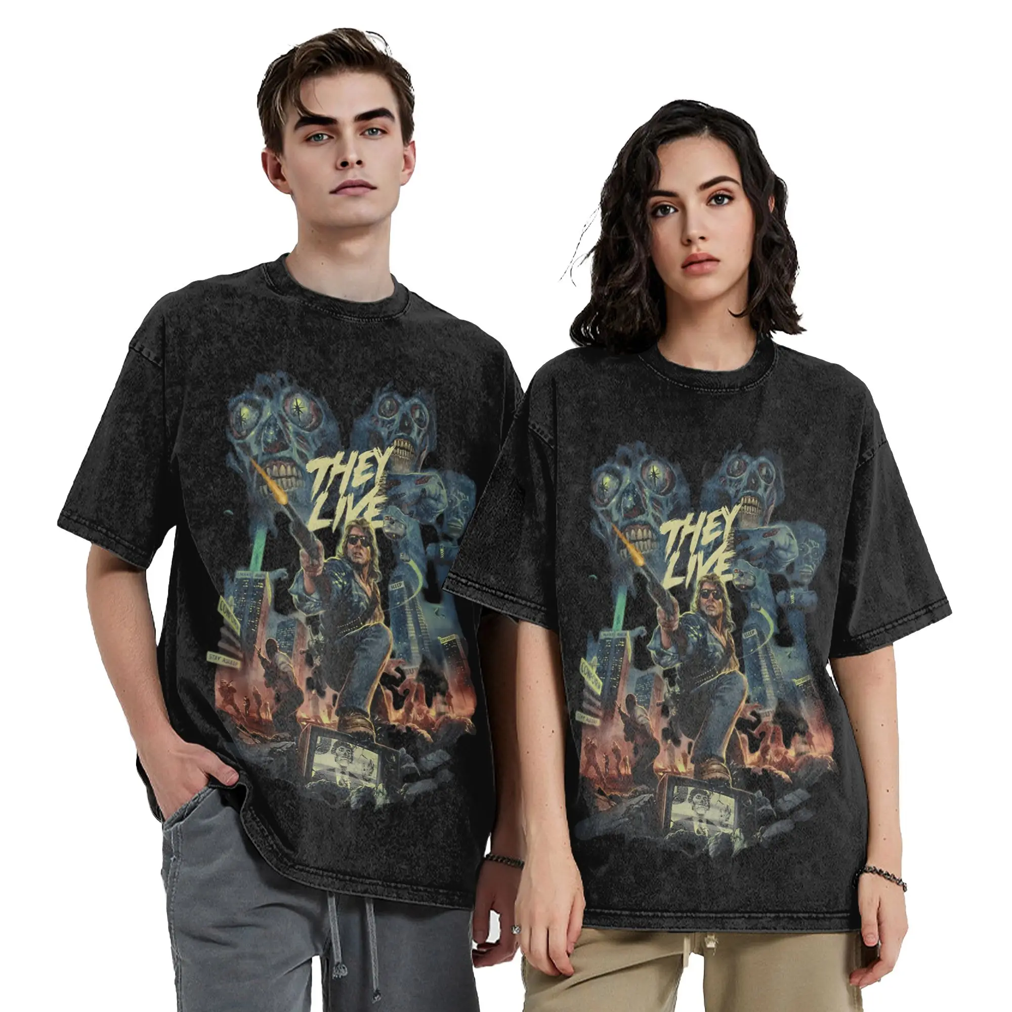movie scary haloween 80s ghost horror They Live T Shirt Washed Oversize T-Shirt  Vintage for Men Women Streetwear Tee Shirt