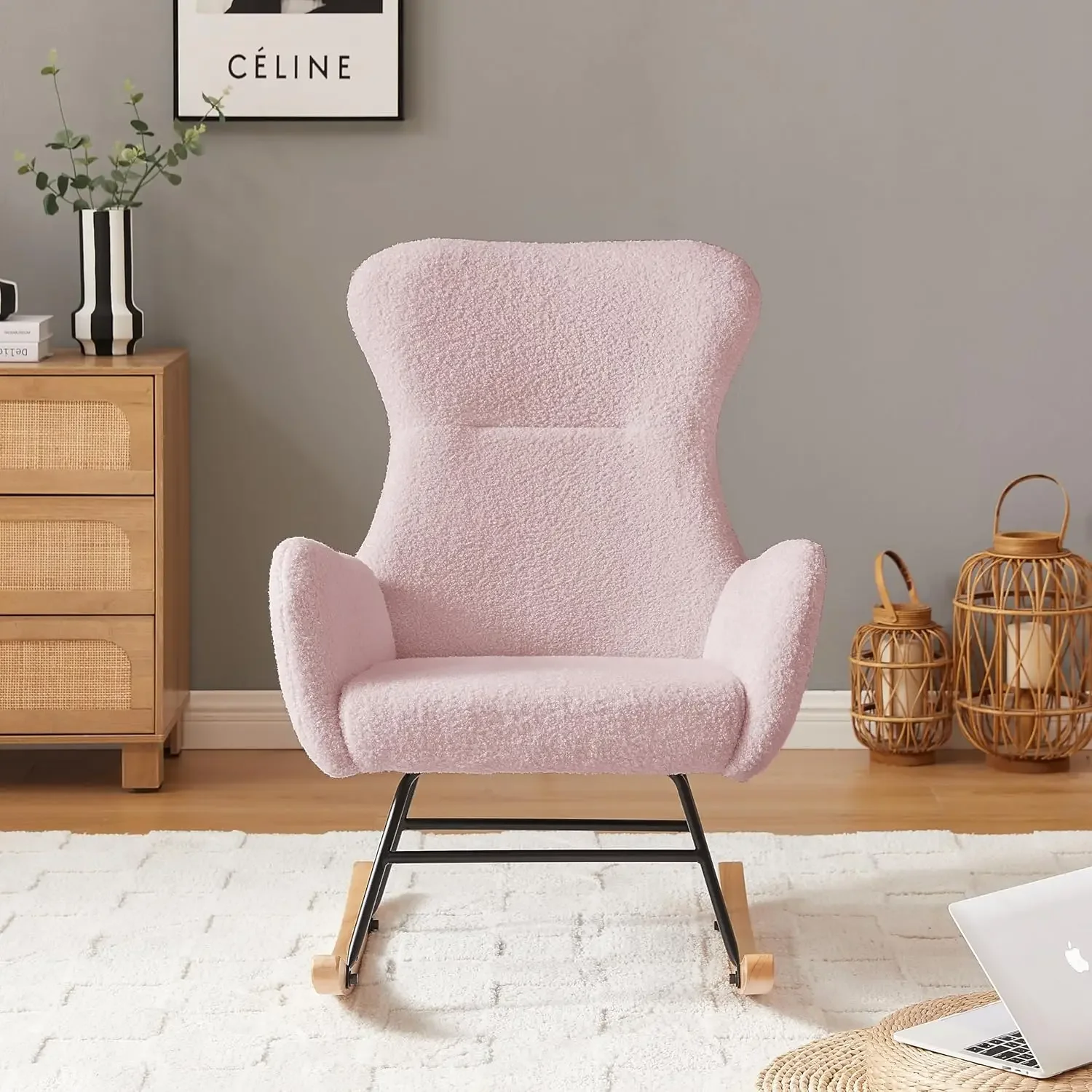 Pink velvet manufacture Enjoy comfort Leisure chair Easy to Install lazy Rocking Chair Living Room chair with metal leg