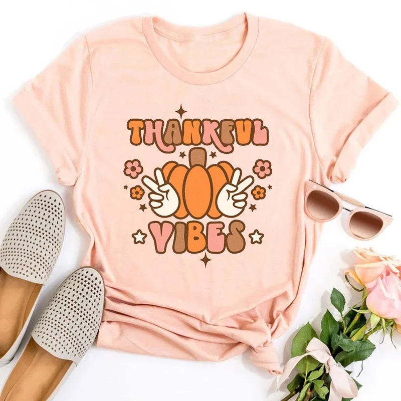 

Thankful Shirt Retro Thanksgiving Top Fall Tshirt Women Harajuku Thanksgiving Matching Tops Vintage Tee L