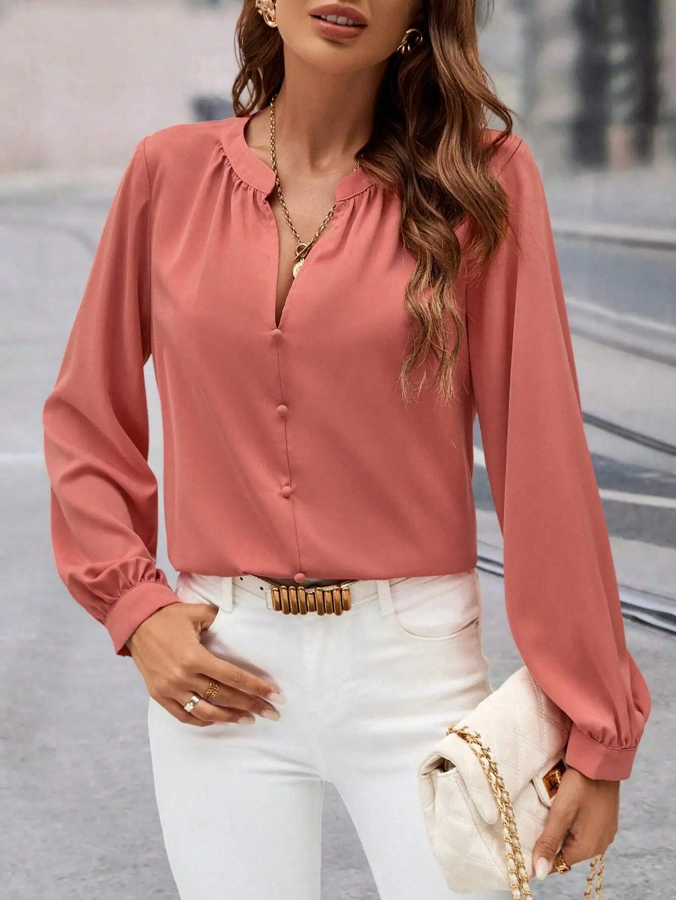 

Women's V-Neck Pleated Long Sleeve Blouse Casual Elegant Office Wear