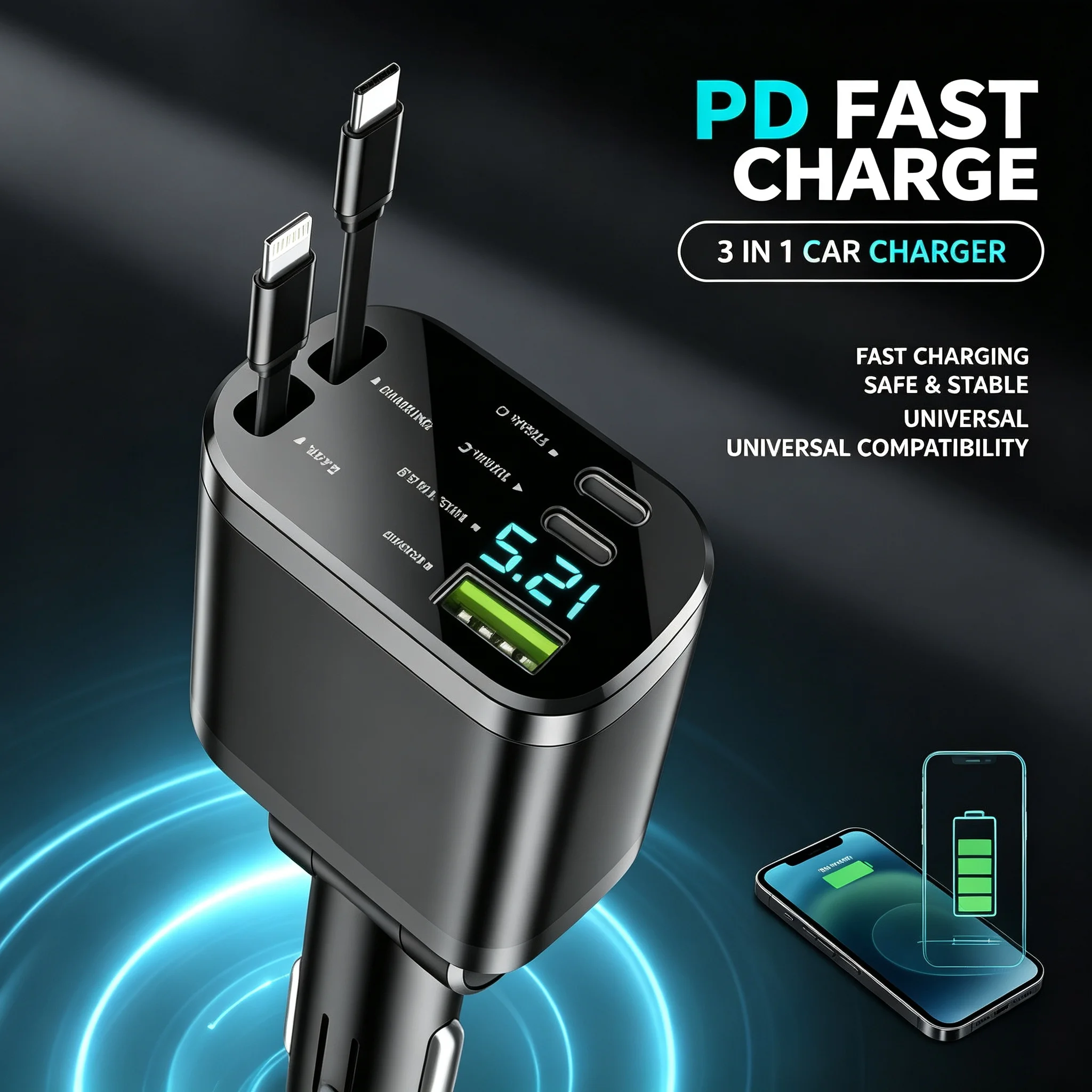 5 In 1 Retractable Cable Car Charger LED Digital Display PD Super Fast Charge Multi Port Cigarette Lighter Car Phone Charger