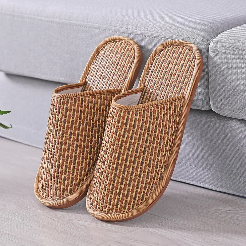 Zapatillas de lino de bambú para el hogar, sandalias de mimbre tejidas, antideslizantes para interiores, zapatos de dormitorio Unisex, Verano