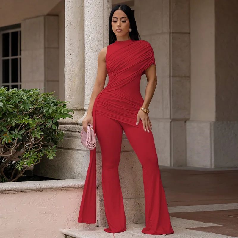 

Stylish Lady Elegant Red Asymmetrical Ruched Jumpsuit 2026 Autumn Women High Neck Draped Wide Leg Party Outfit