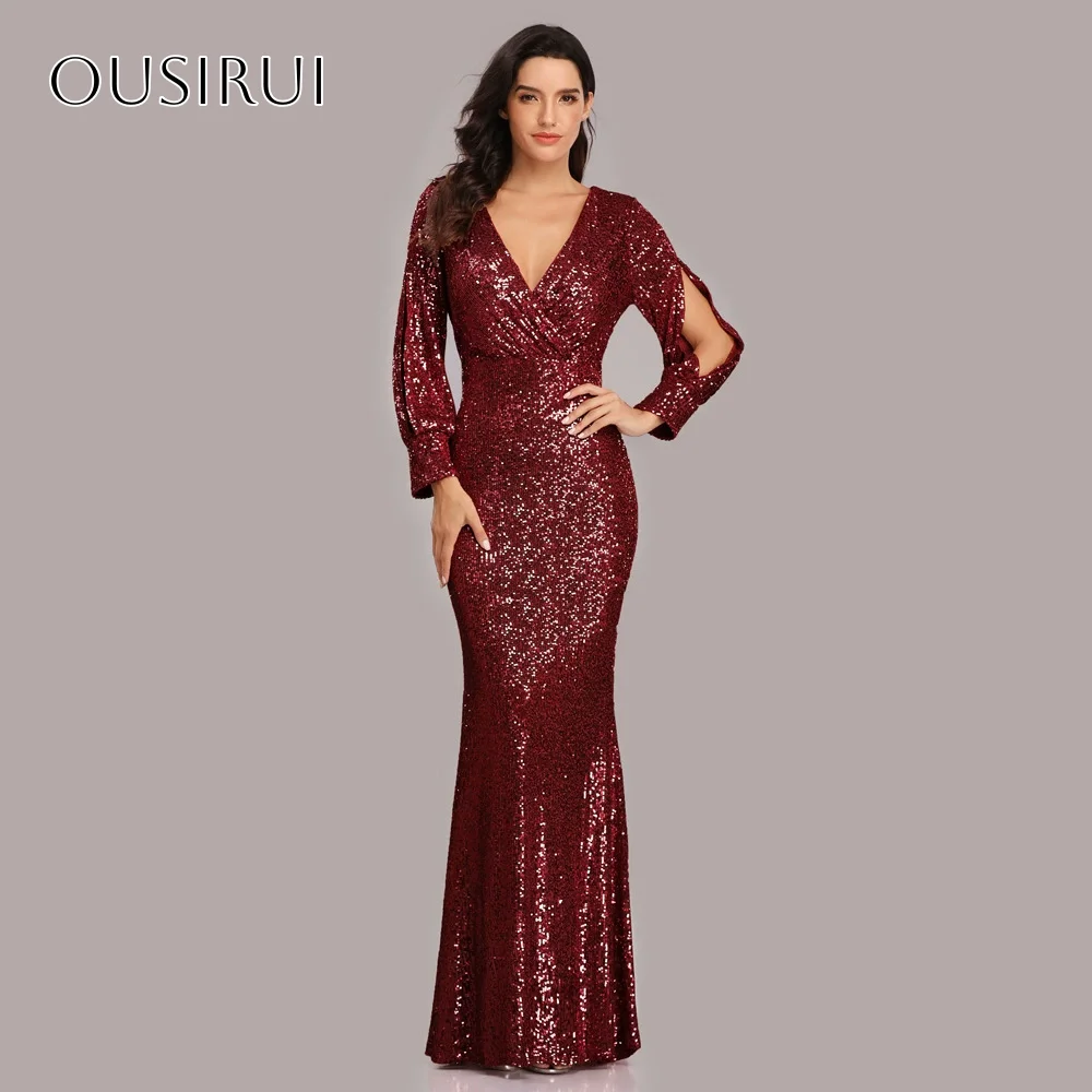 

Sequined V-neck Split Long Sleeves Mermaid Prom Gown Floor Length Zipper Customized Evening Dresses vestidos de novia