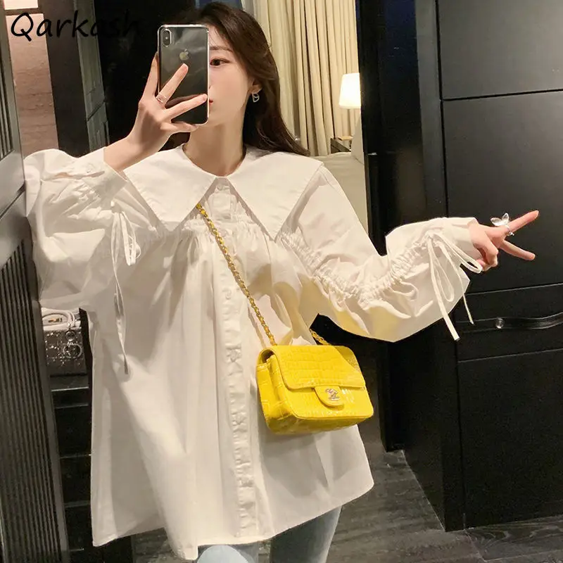 

Long Lantern Sleeve Fashion Shirts Women Sailor Collar Solid Loose Female Shirt Casual Tops Spring Summer Korean Style Elegant