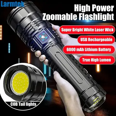Torcia esterna portatile a LED super luminosa, zoom regolabile, ricaricabile tramite USB e scarica con interfaccia di tipo C 1800 mAh