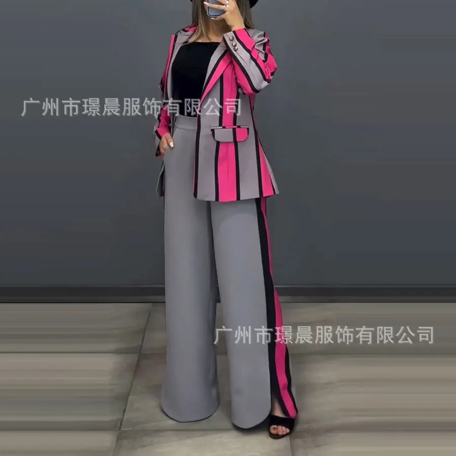 Office Lady Commuting 2 Piece Elegant Lapel One Button Striped Print Suit Slit Straight Trousers Suit Women Autumn Fashion New