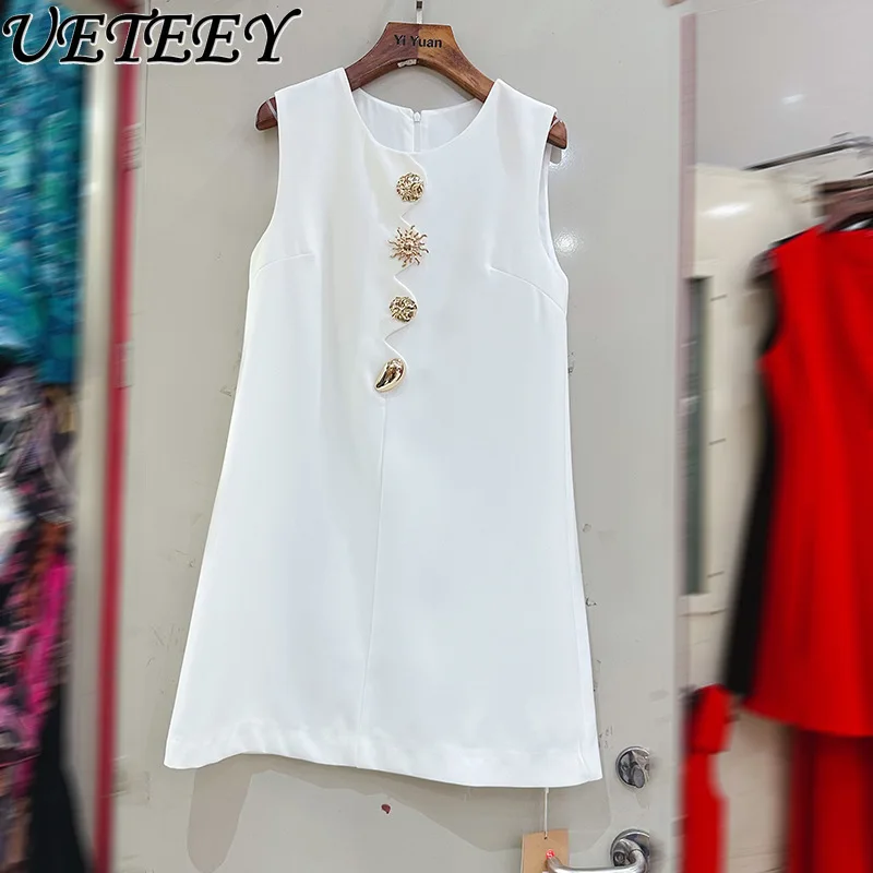 Nicho exquisito botón cuello redondo cintura alta adelgazante vestido sin mangas para mujeres elegante único nuevo estilo camiseta sin mangas vestidos cortos