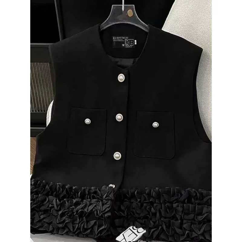 Ladies Vest Small Fragrance Stitching Hem Lace Vest Spring Autumn 2024 New Niche Design Sense Vest Comfortable Casual Joker Coat