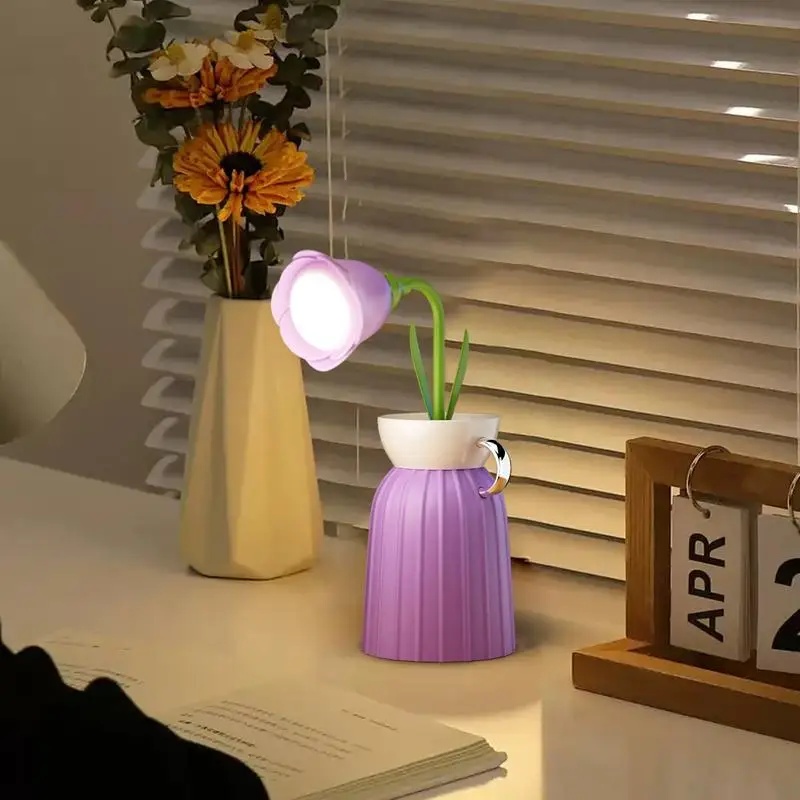 Flower Table Lamp Vase-Shaped Flower LED Table Lamp 3 Colors Modes Stepless Dimming USB Rechargeable Touch Control Detachable