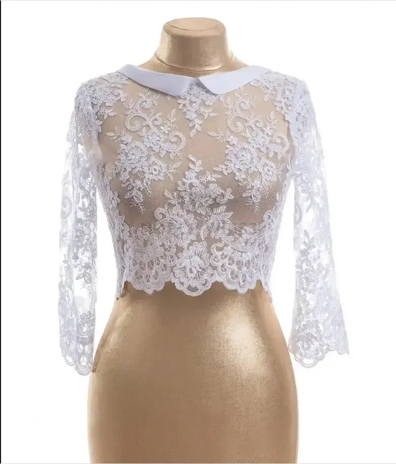 Chaqueta de boda de encaje elegante, Top nupcial con cuello de joya, envolturas de media manga con apliques, diseño de botones, Bolero para vestido de boda