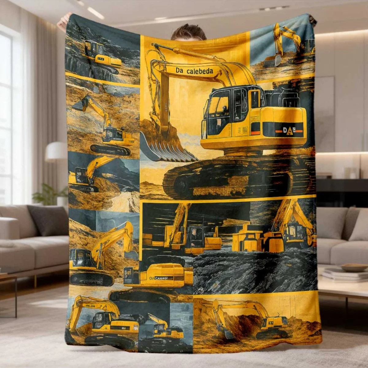 Heavy Machinery Construction Excavator Bulldozer Pattern Throw Blanket Industrial Theme Decor Gift For Men And Boys
