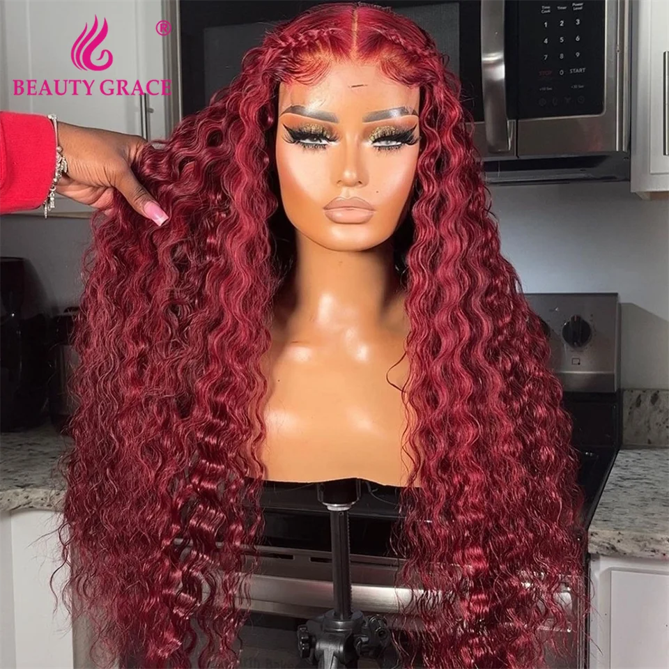 Beauty Grace Deep Wave Lace Front Wigs Burgundy 13x4 Lace Frontal Wig 180 Density Wig 99J  Curly Red Human Hair Wigs