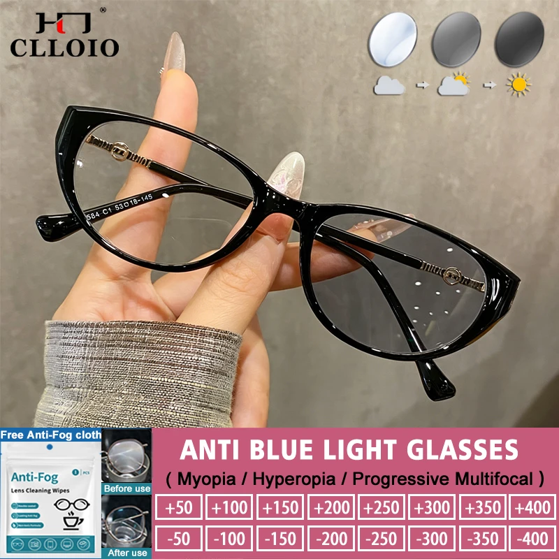 

CLLOIO Fashion Cat Eye Anti Blue Rey Reading Glasses Lady Myopia Photochromic Eyeware Progressive Office Prescription Eyeglasses