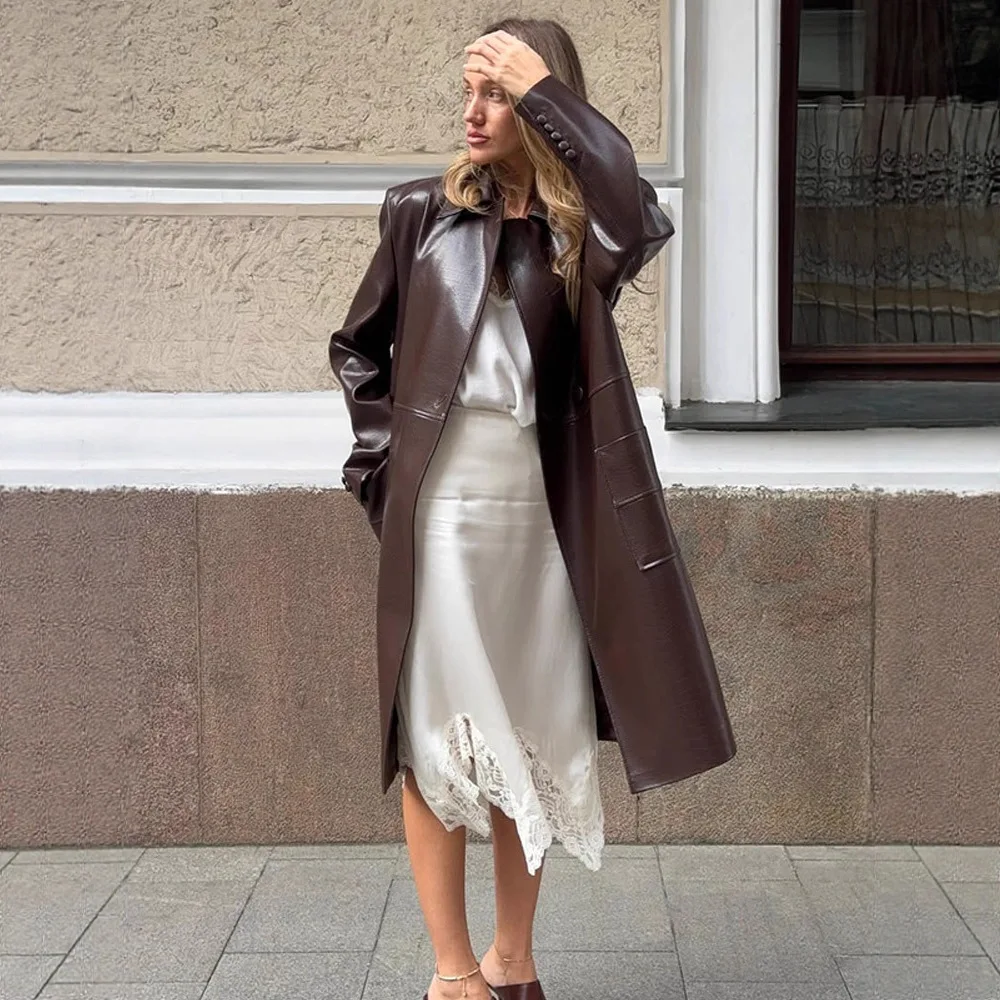 

Stylish Long Leather Jacket Women's Fashionable Turn-down Collar Outerwear Trendy Autumn Winter New Arrival