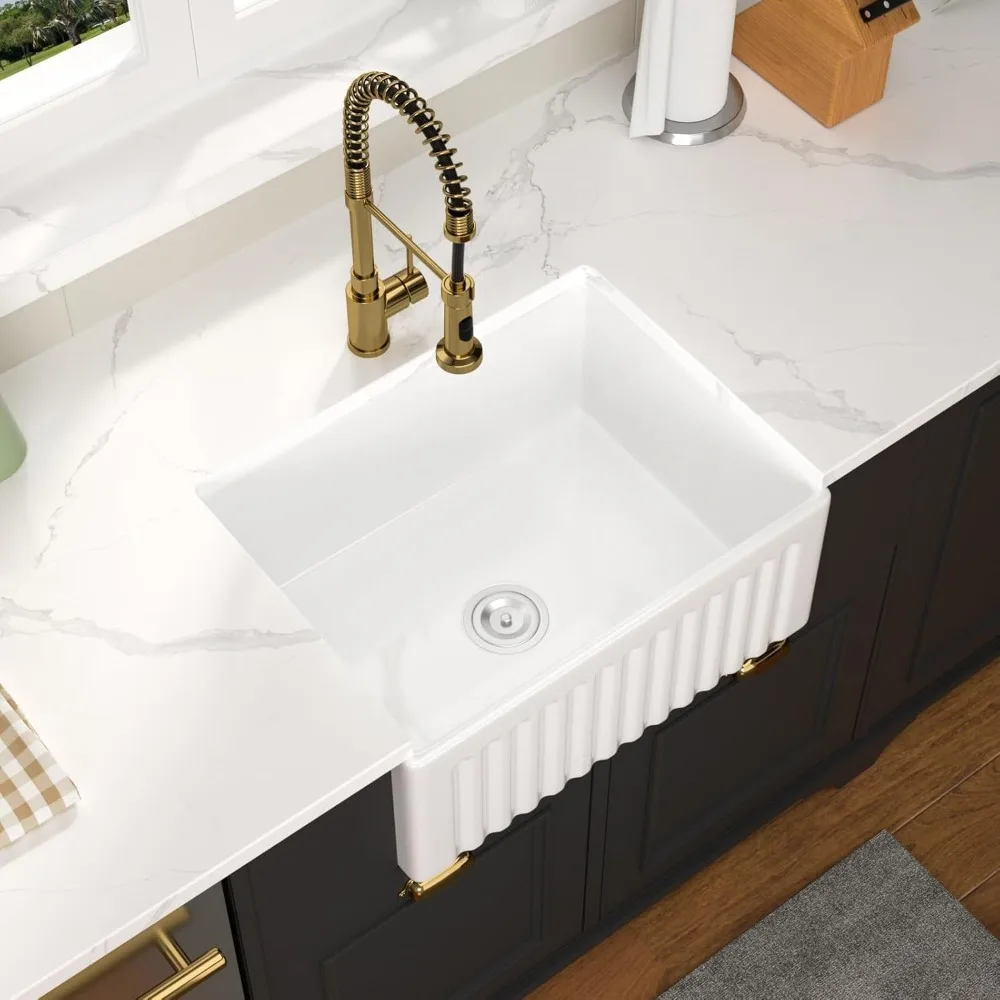 Tablier d'argile de feu blanc de 24 pouces de profondeur, évier de cuisine de ferme à cuvette unique avec conception de Style fermier en céramique