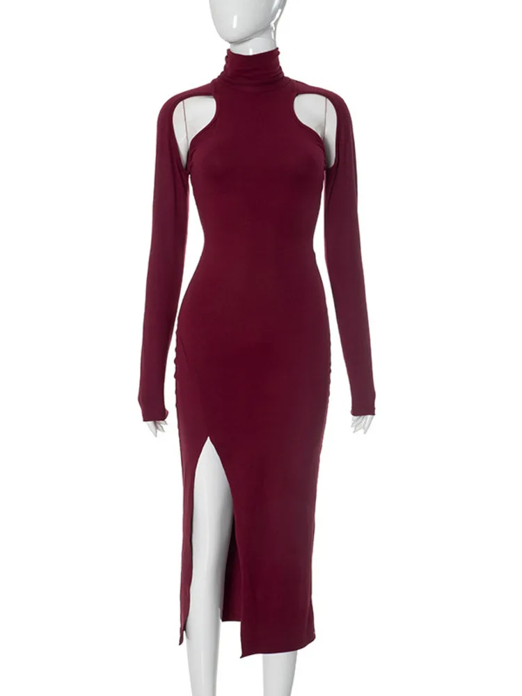 Articat elegante vestido de noche de fiesta con abertura ahuecada ajustado de manga larga para mujer vestido Sexy ajustado de longitud media primavera 2025 nuevo