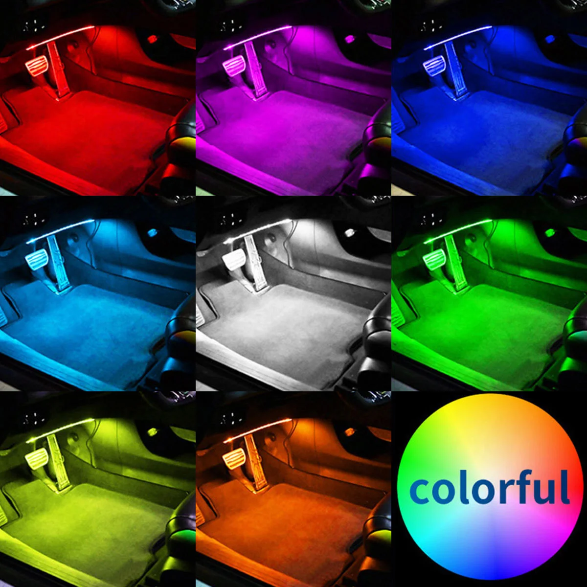ضوء القدم المحيطة الداخلي للسيارة مع USB اللاسلكي للتحكم في تطبيق الموسيقى عن بعد ومصابيح ديكور للجو التلقائي
