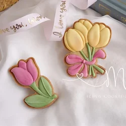 Tulip Flower Pattern Cookie Embosser Mold Mother's Day Party Fondant Cake Decorating Tools Icing Biscuit Pressing Mold Cutter