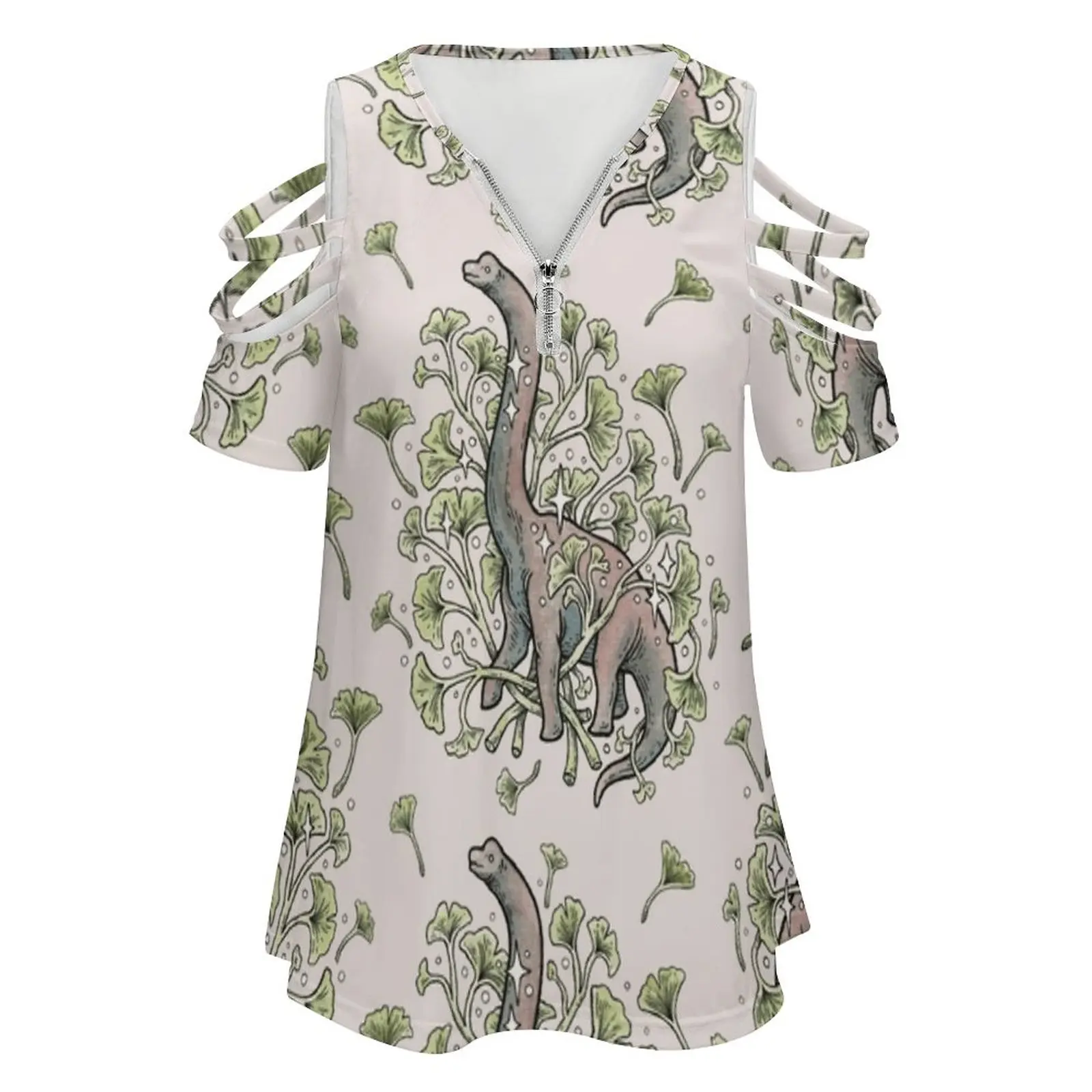 Brachio Ginkgo | Calm Color Palette | Dinosaur Botanical Art Women's T-Shirt New Fashion Printed Zipper V-Neck Short Sleeve T