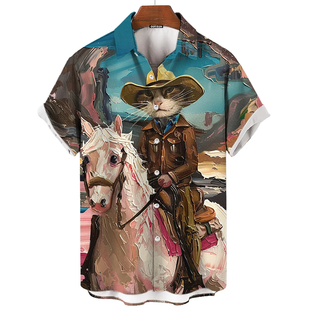 Oil Painting Western Cat Cowboy Riding Print Summer Fashion Men\'s Short Sleeve Shirt Travel Vacation Men\'s Shirt Oversized Top