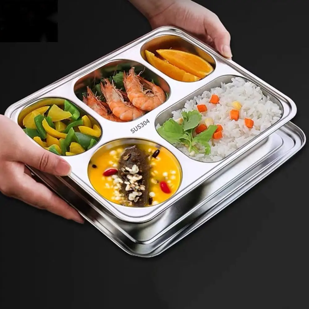 

Lunch Snack Stainless Steel Rectangular with Compartments Platter Dinner Plates Serving Tray Dividers