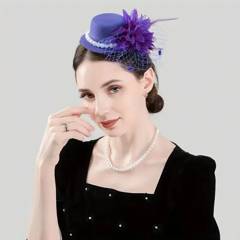 New Handmade wedding bridal fascinator hats caps flower stewardess small top hats Pearl peacock feather hair accessories