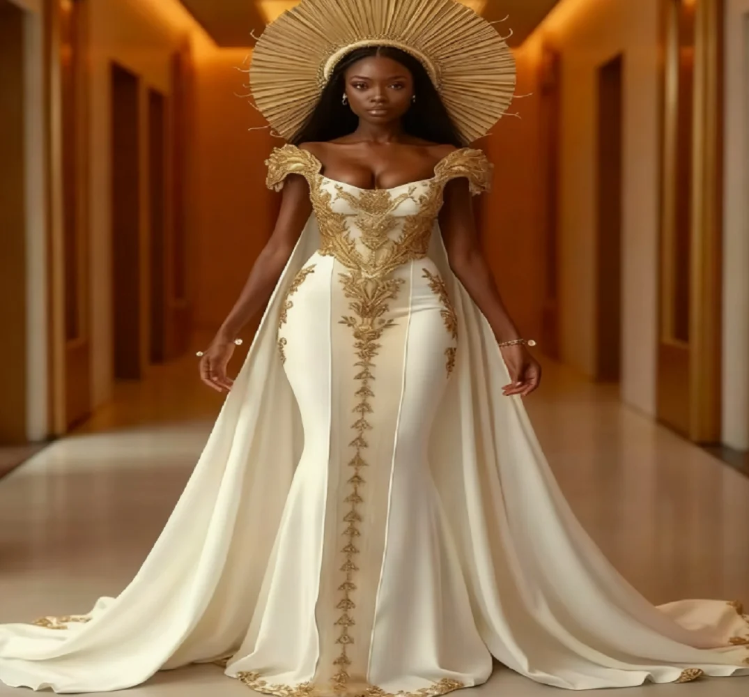 

Гламурное свадебное платье цвета слоновой кости с золотой русалкой и накидкой, элегантное африканское, нигерийское, египетское платье невесты, 2025 г., кружево по индивидуальному заказу