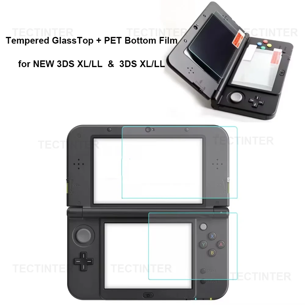 닌텐도 뉴 3DS XL/LL 게임 콘솔용 화면 보호 필름, 강화 유리 상단 + HD 투명 PET 하단 필름, 3DS XL/LL 액세서리