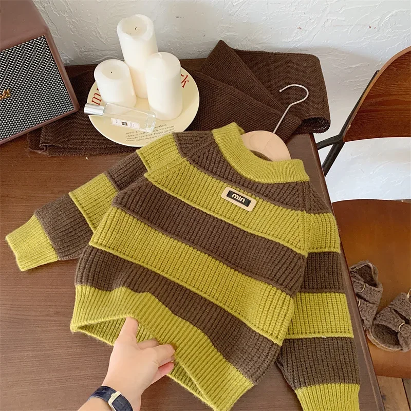 2024 Korean Autumn Winter Toddler Boy Sweater Fleece Thick Striped Sticker Kid Boy Knitwear Loose Long Sleeve Baby Boy Pullovers