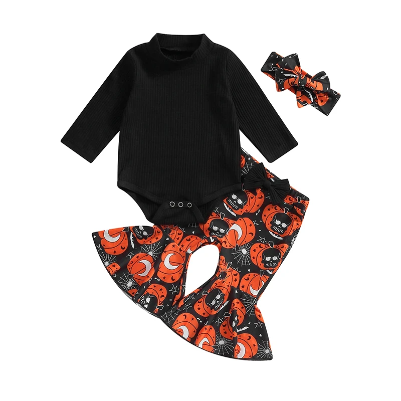 

Baby Girl Fall Outfits Solid Color Rib Knit Long Sleeve Rompers Pumpkin Print Flare Pants Headband 3Pcs Halloween Clothes Set