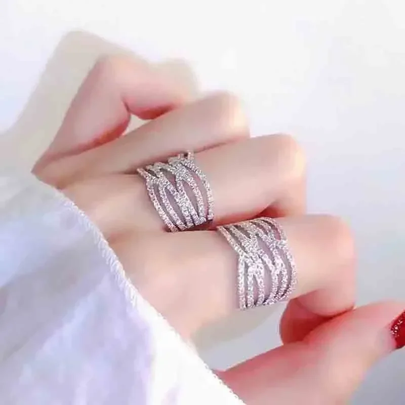 Huitan Graceful Hollow-out Designed Rings for Women Luxury Wide Band Gorgeous Finger Accessories Attractive Chic Party Jewelry