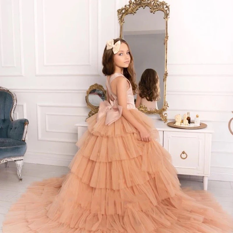 Robe de demoiselle d'honneur champagne pour mariage, nœud en fibre de tulle avec poignées, queue amovible, fête d'anniversaire, boule de première communion, quoi que ce soit